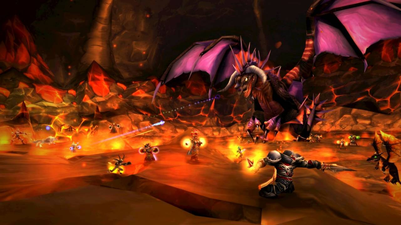 Screenshot of players fighting against Onyxia, a WoW raid boss